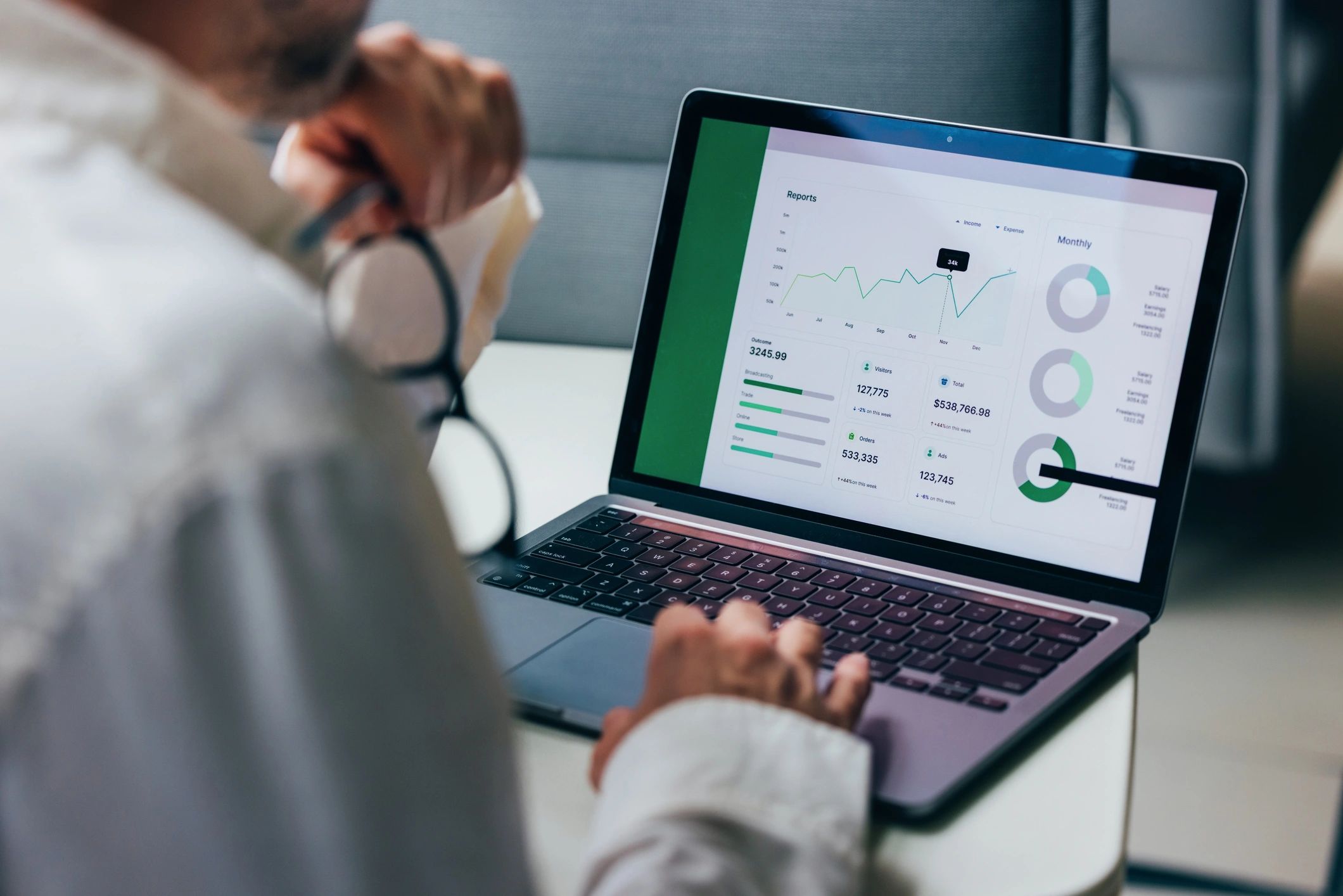 Laptop displaying analytics charts and performance metrics
